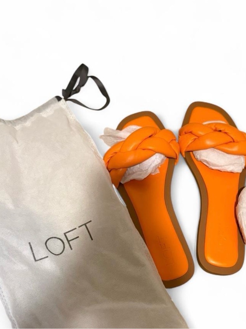 NEVER WORN LOFT Orange Braided Slide Sandals with Brown Trim